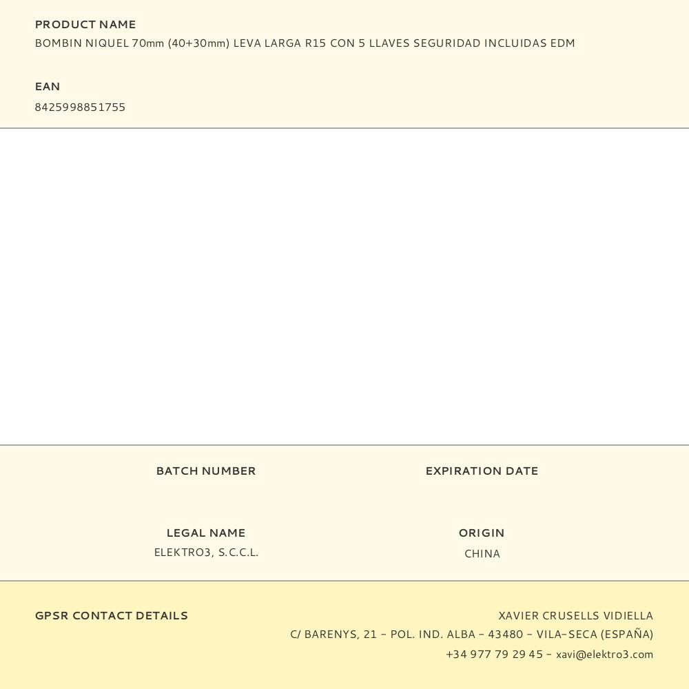 BOMBIN NIQUEL 70mm (40+30mm) LEVA LARGA R15 CON 5 LLAVES SEGURIDAD INCLUIDAS EDM gallery 1