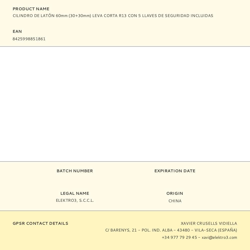 CILINDRO DE LATÓN 60mm (30+30mm) LEVA CORTA R13 CON 5 LLAVES DE SEGURIDAD INCLUIDAS gallery 1