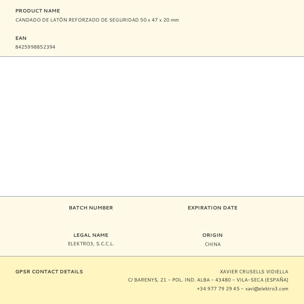 CANDADO DE LATÓN REFORZADO DE SEGURIDAD 50 x 47 x 20 mm gallery 1