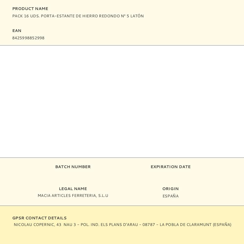 PACK 16 UDS. PORTA-ESTANTE DE HIERRO REDONDO Nº 5 LATÓN gallery 2
