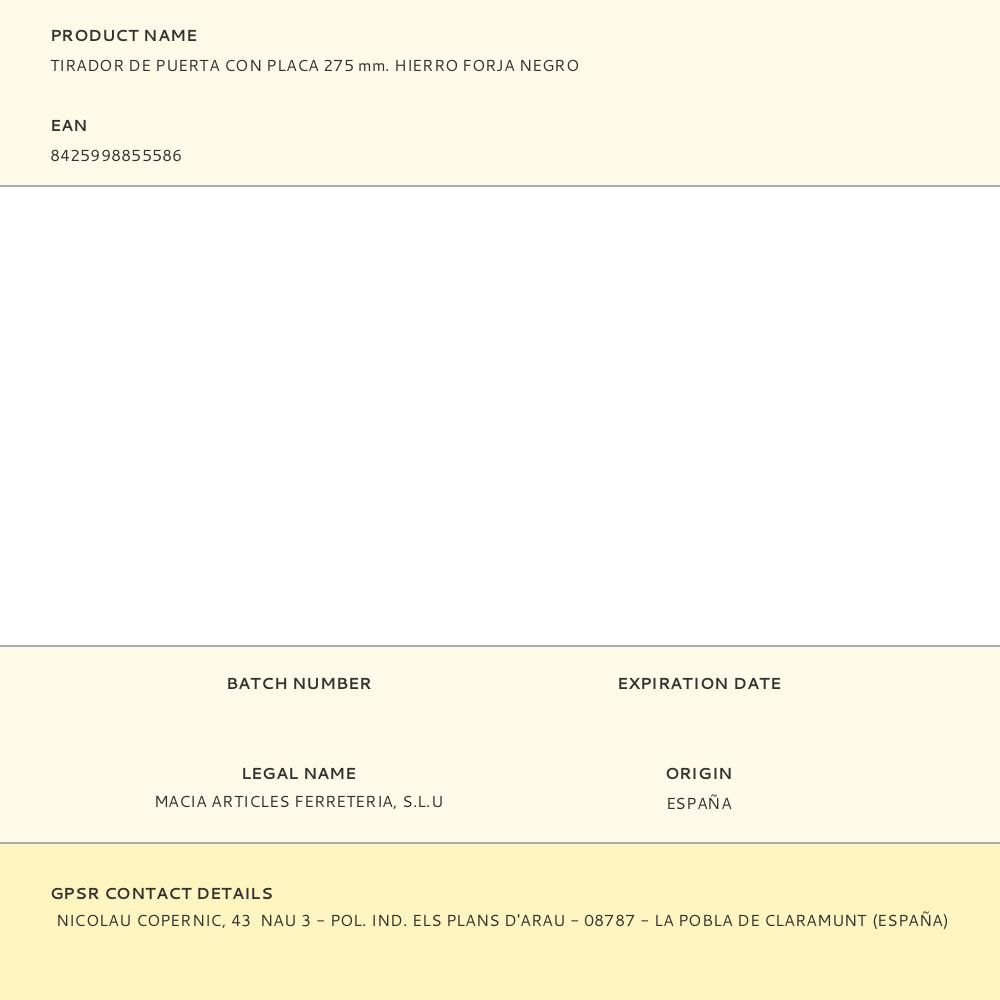 TIRADOR DE PUERTA CON PLACA 275 mm. HIERRO FORJA NEGRO gallery 0