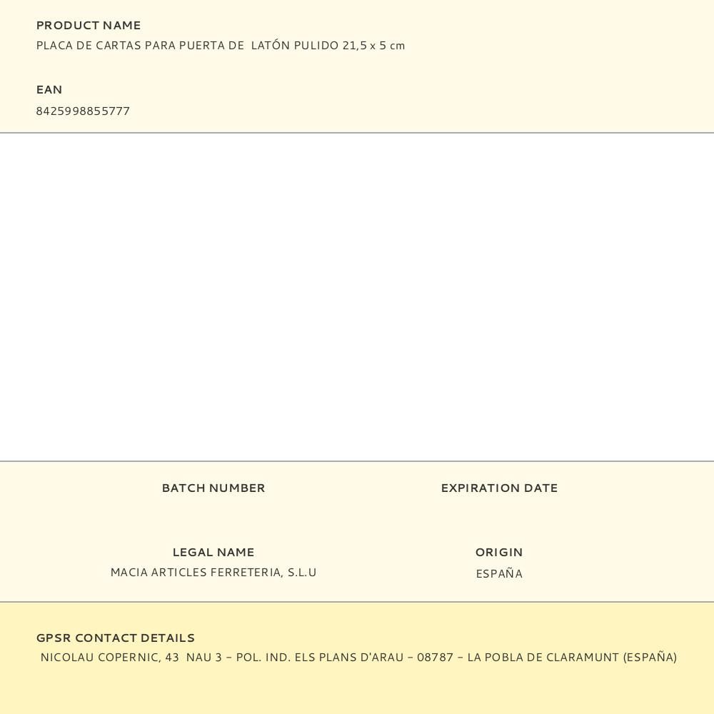 PLACA DE CARTAS PARA PUERTA DE LATÓN PULIDO 21,5 x 5 cm gallery 1