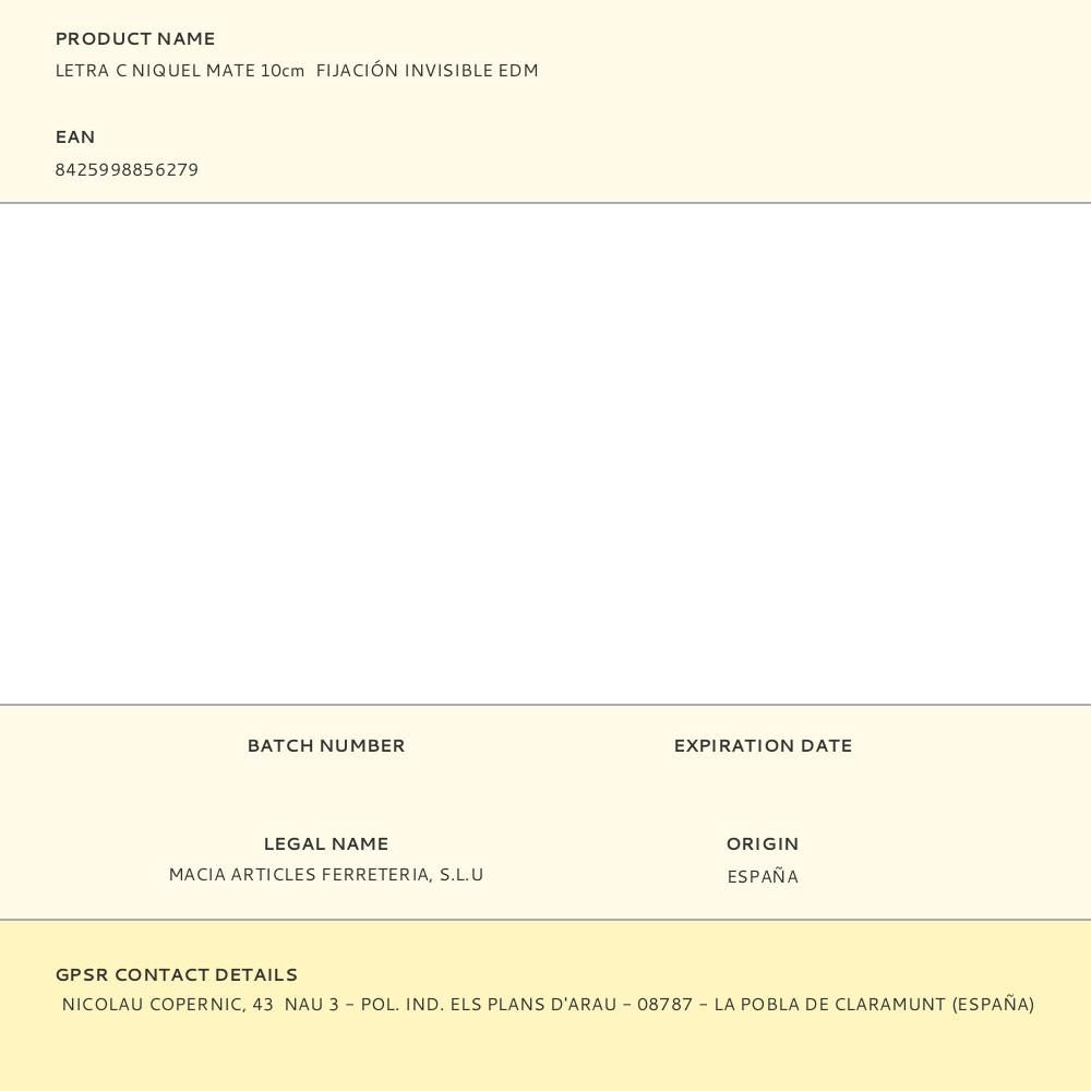 LETRA C NIQUEL MATE 10cm FIJACIÓN INVISIBLE EDM gallery 1