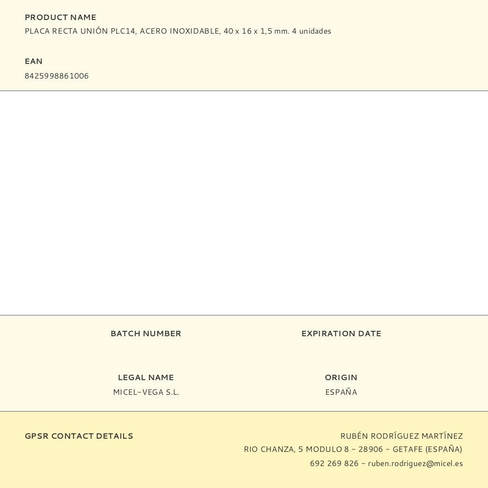 PLACA RECTA UNIÓN PLC14, ACERO INOXIDABLE, 40 x 16 x 1,5 mm. 4 unidades gallery 2