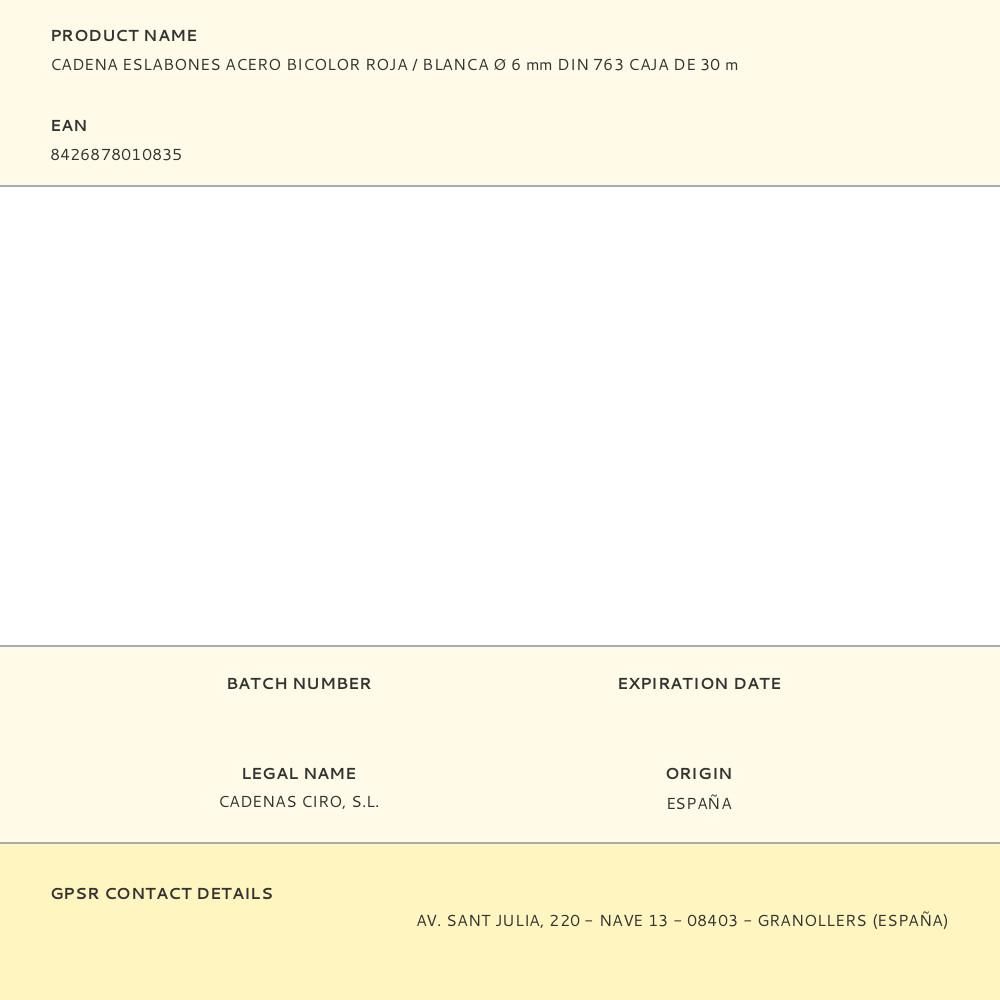 CADENA ESLABONES ACERO BICOLOR ROJA / BLANCA Ø 6 mm DIN 763 CAJA DE 30 m gallery 0