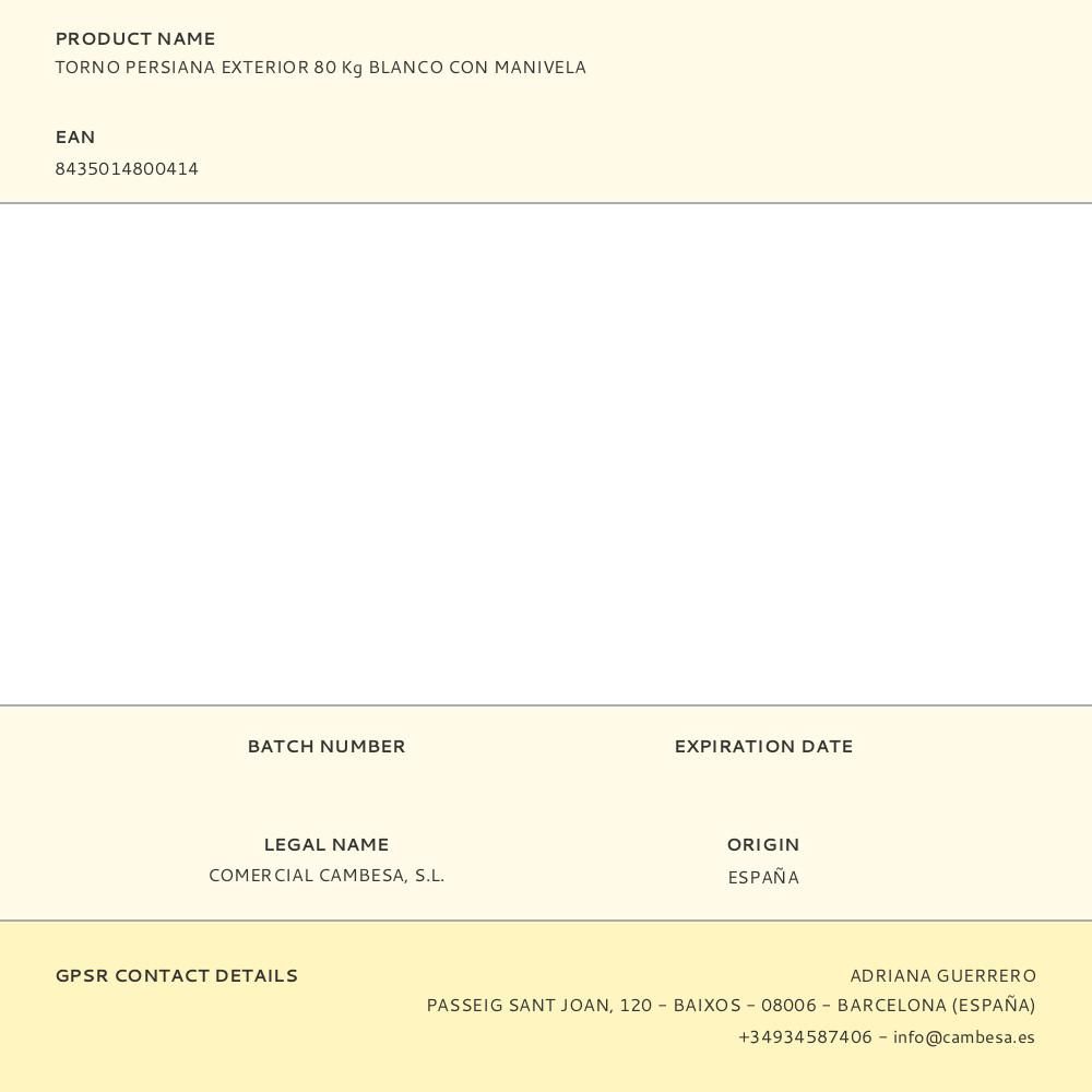 TORNO PERSIANA EXTERIOR 80 Kg BLANCO CON MANIVELA gallery 1