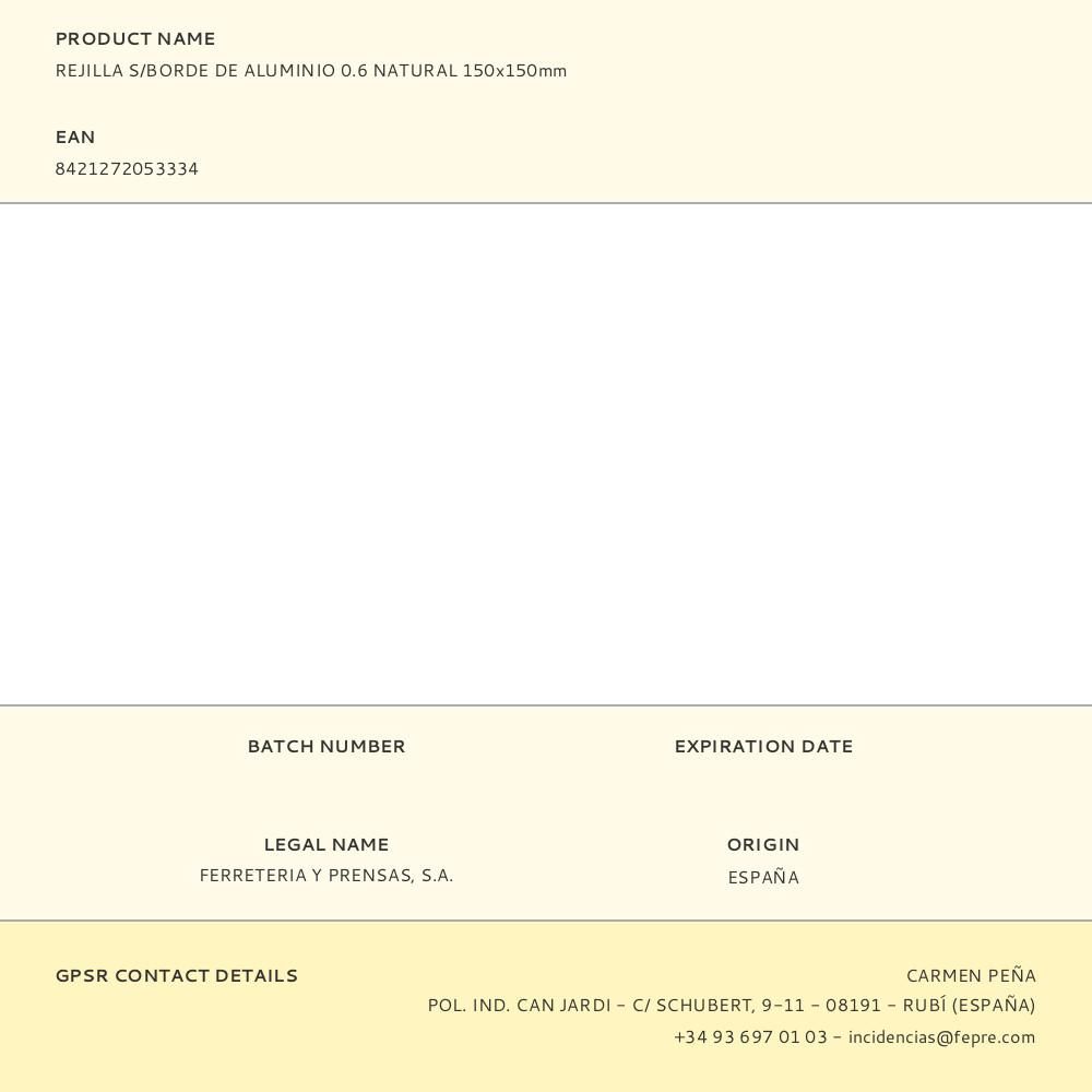 REJILLA S/BORDE DE ALUMINIO 0.6 NATURAL 150x150mm gallery 0