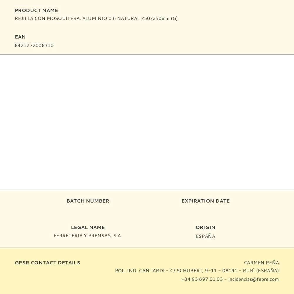 REJILLA CON MOSQUITERA. ALUMINIO 0.6 NATURAL 250x250mm (G) gallery 0