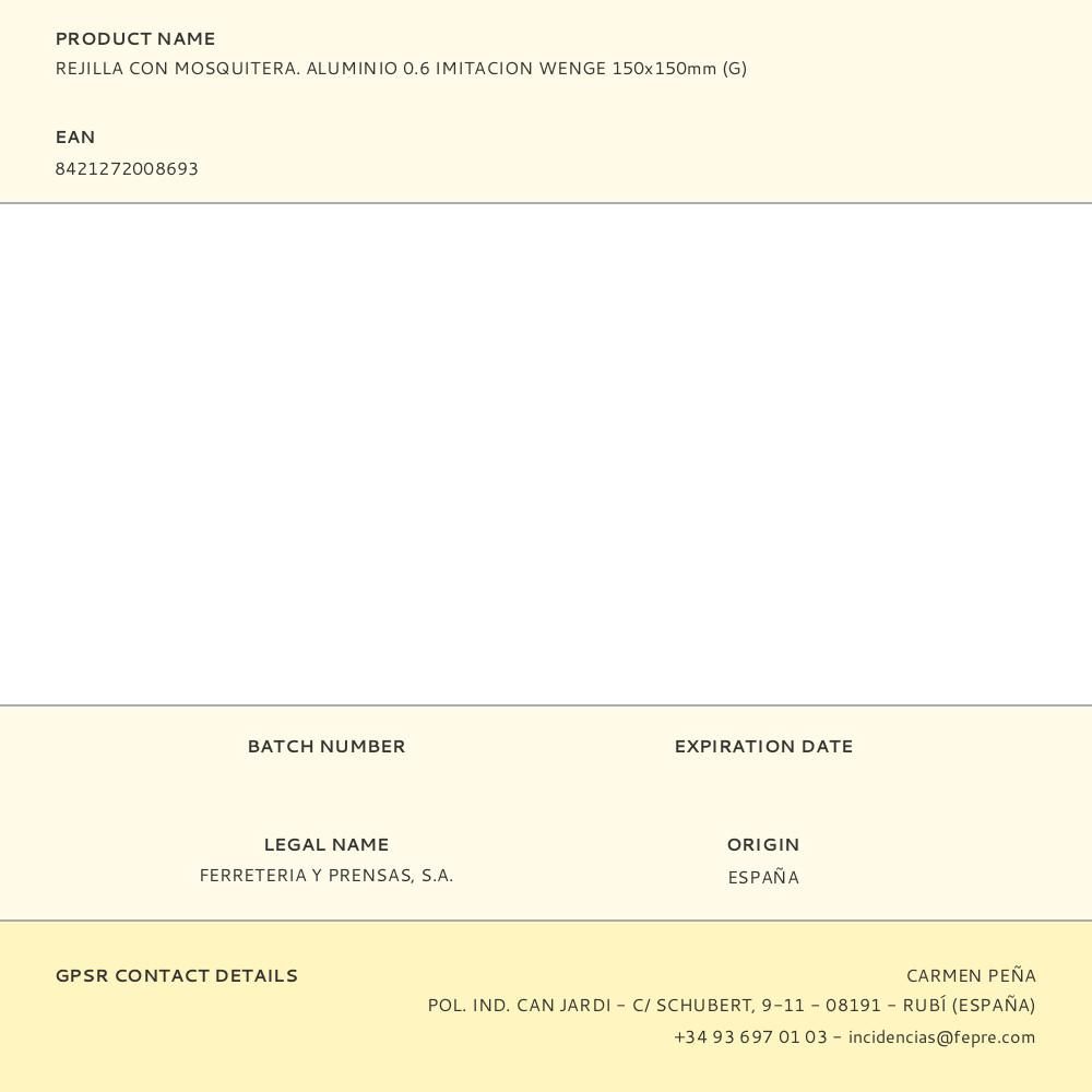 REJILLA CON MOSQUITERA. ALUMINIO 0.6 IMITACION WENGE 150x150mm (G) gallery 0