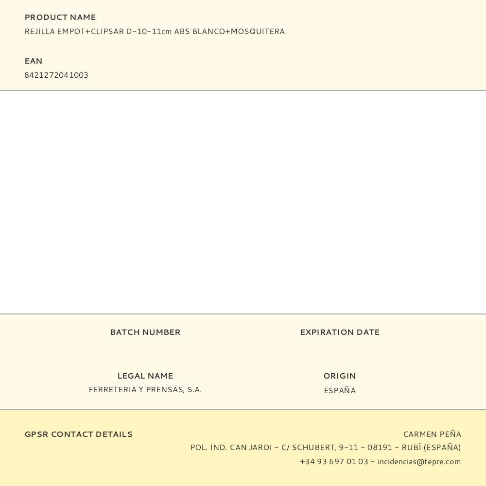 REJILLA EMPOT+CLIPSAR D-10-11cm ABS BLANCO+MOSQUITERA gallery 0