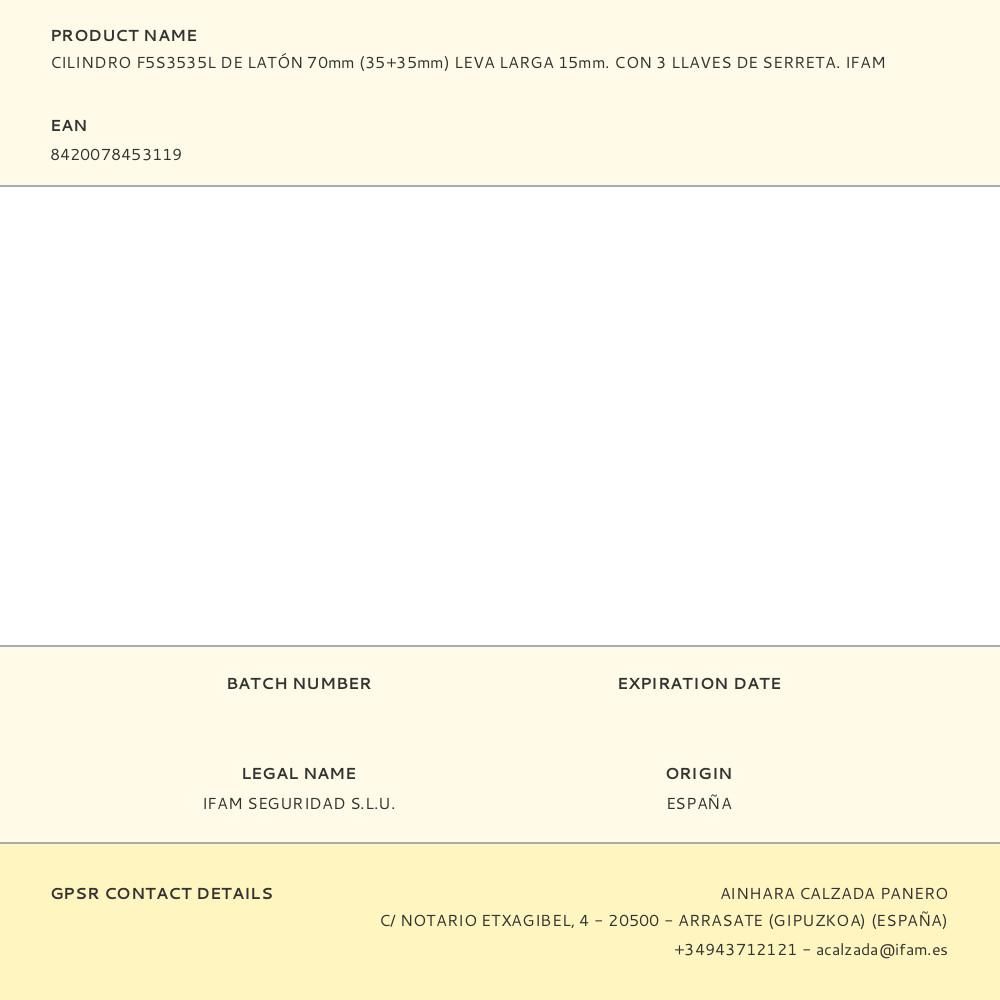 CILINDRO F5S3535L DE LATÓN 70mm (35+35mm) LEVA LARGA 15mm. CON 3 LLAVES DE SERRETA. IFAM gallery 3