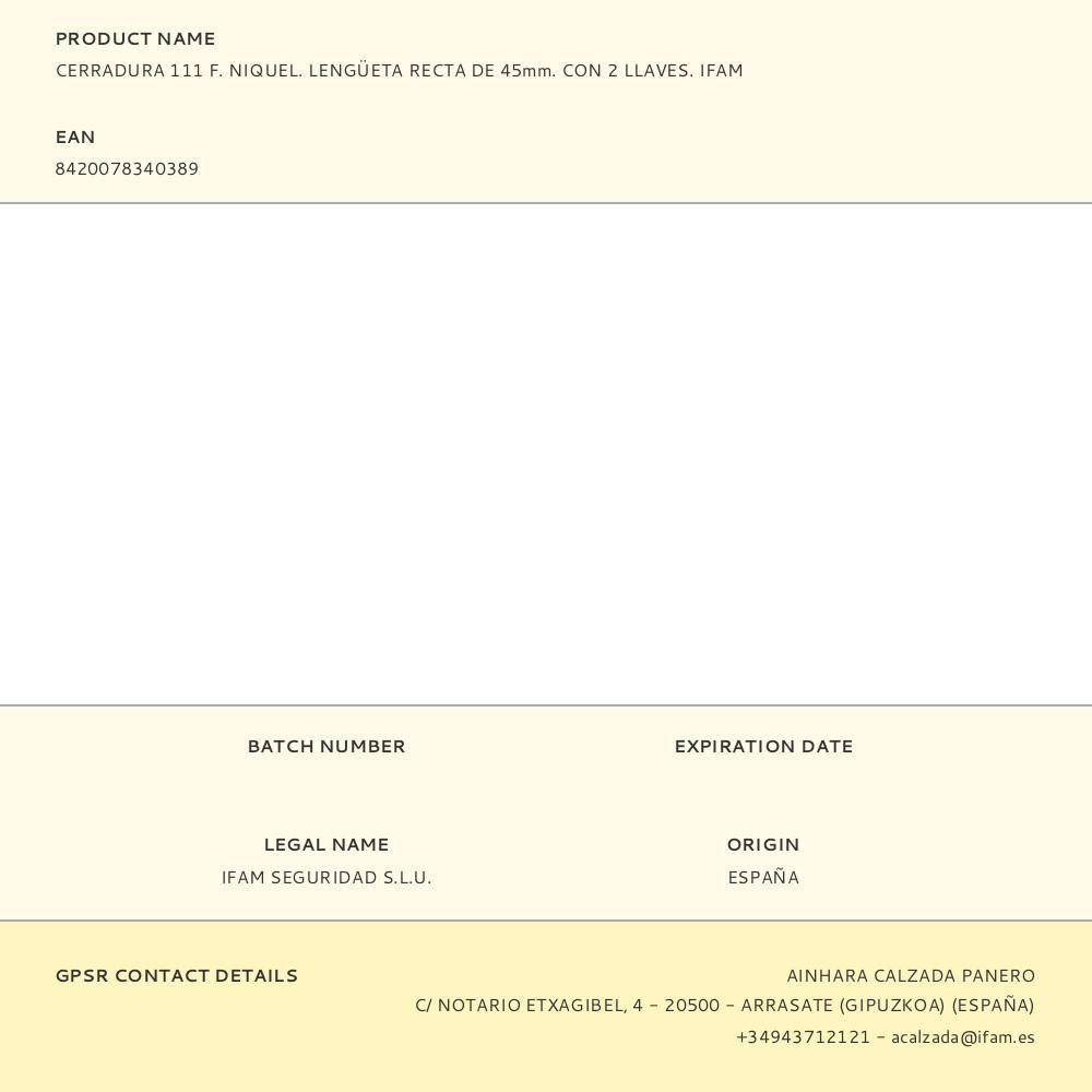 CERRADURA 111 F. NIQUEL. LENGÜETA RECTA DE 45mm. CON 2 LLAVES. IFAM gallery 3