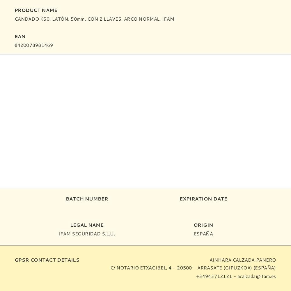 CANDADO K50. LATÓN. 50mm. CON 2 LLAVES. ARCO NORMAL. IFAM gallery 5