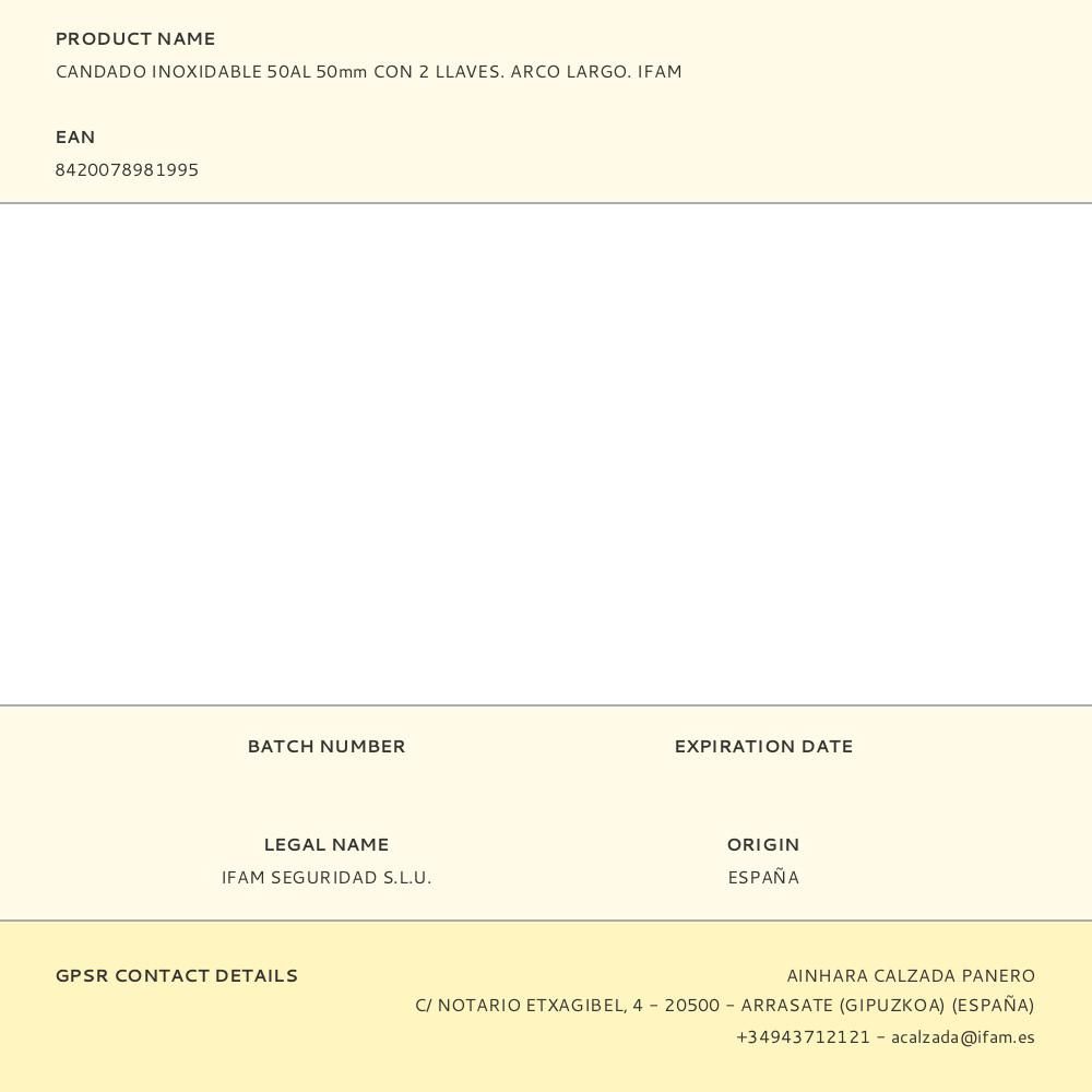 CANDADO INOXIDABLE 50AL 50mm CON 2 LLAVES. ARCO LARGO. IFAM gallery 3