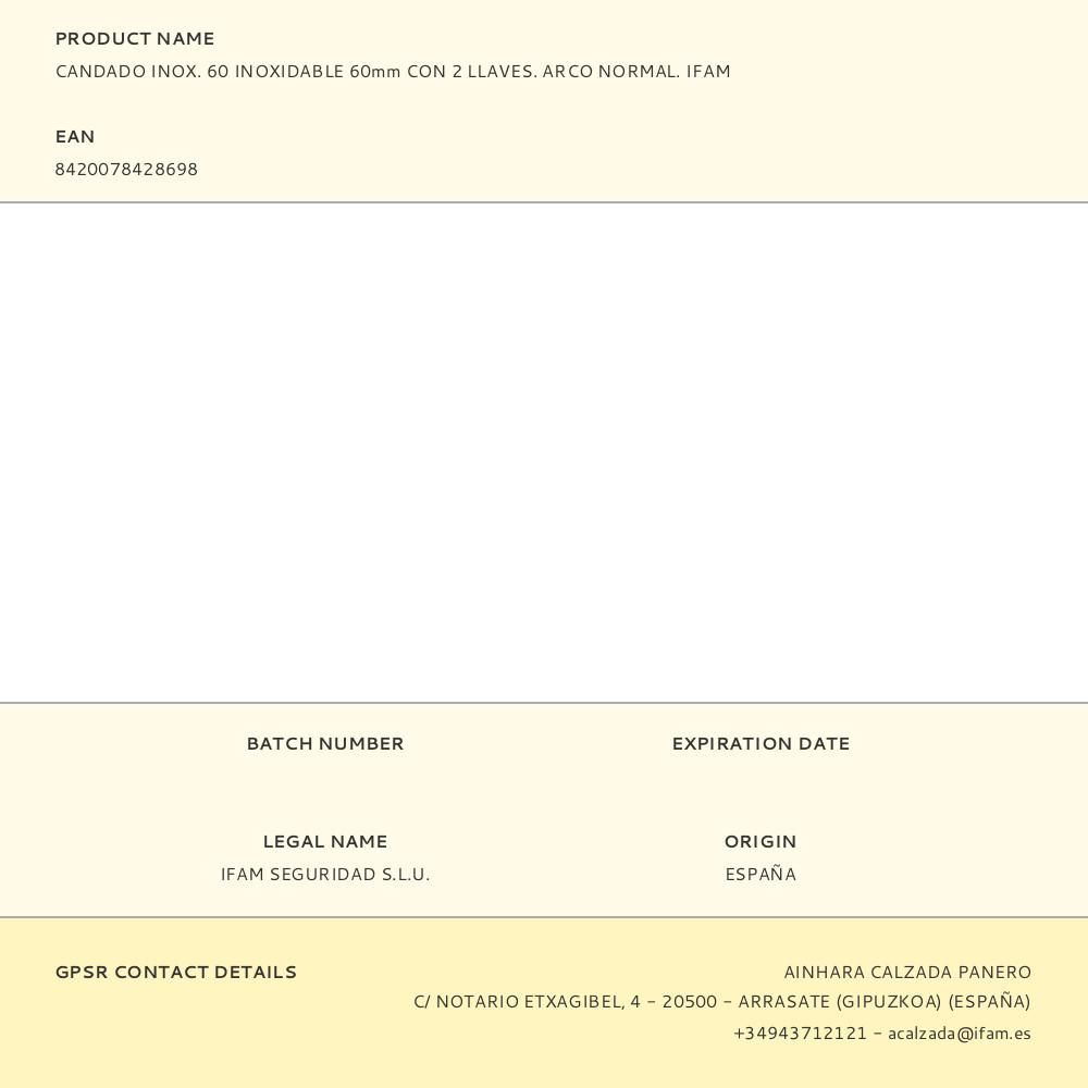 CANDADO INOX. 60 INOXIDABLE 60mm CON 2 LLAVES. ARCO NORMAL. IFAM gallery 2