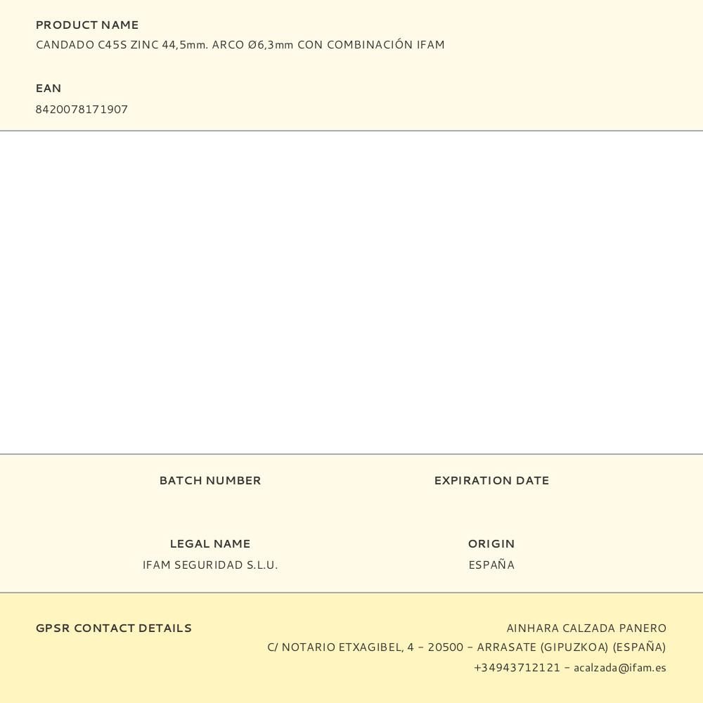 CANDADO C45S ZINC 44,5mm. ARCO Ø6,3mm CON COMBINACIÓN IFAM gallery 4
