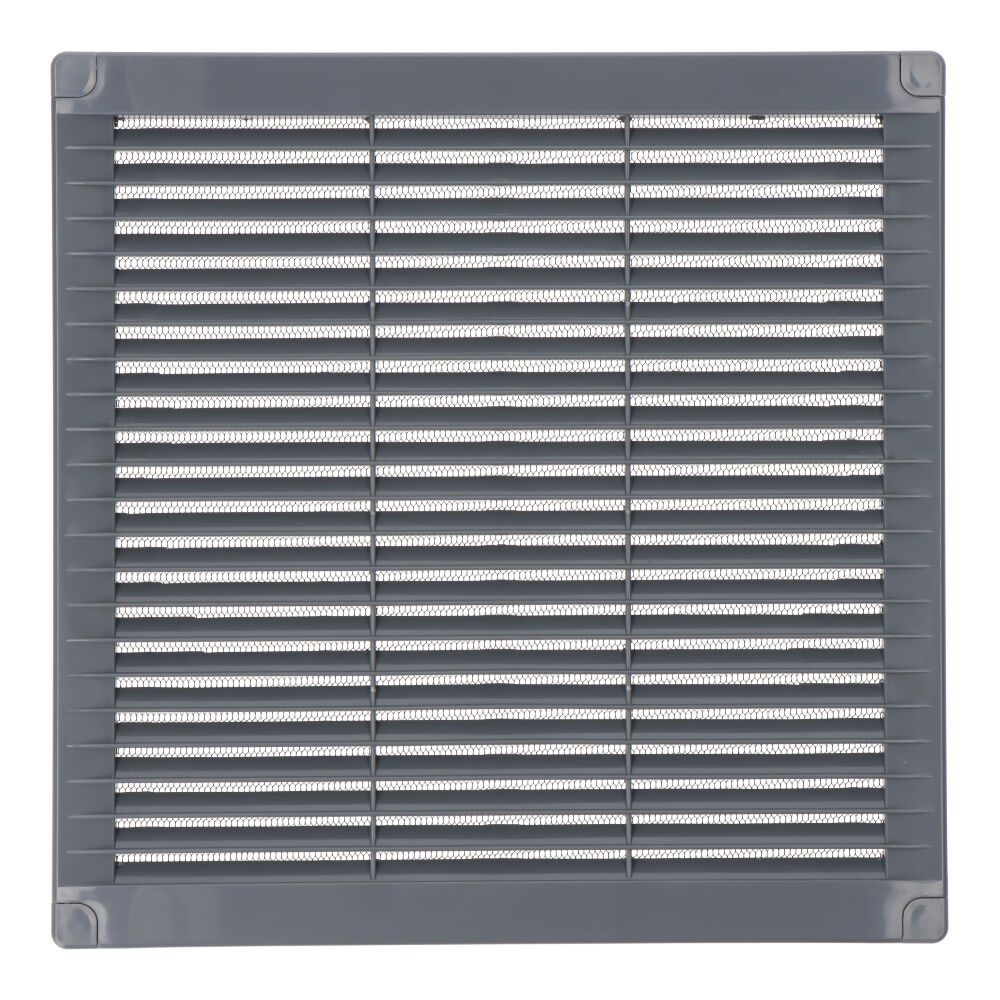 REJILLA VENTILACIÓN CUADRADA CON TAPONES Y MOSQUITERA 250x250x7mm ABS GRIS