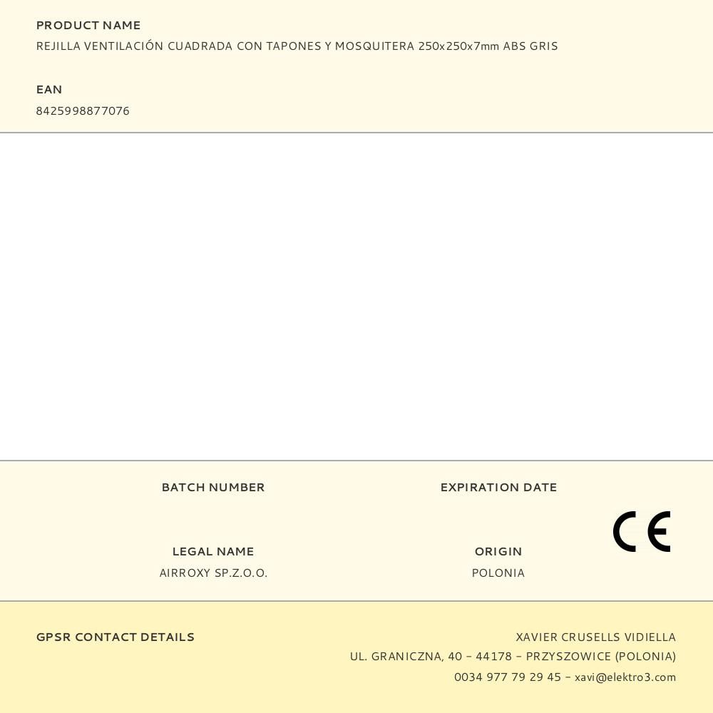 REJILLA VENTILACIÓN CUADRADA CON TAPONES Y MOSQUITERA 250x250x7mm ABS GRIS gallery 2