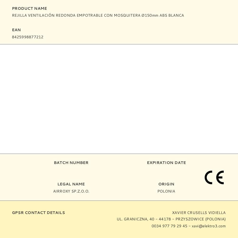 REJILLA VENTILACIÓN REDONDA EMPOTRABLE CON MOSQUITERA Ø150mm ABS BLANCA gallery 2