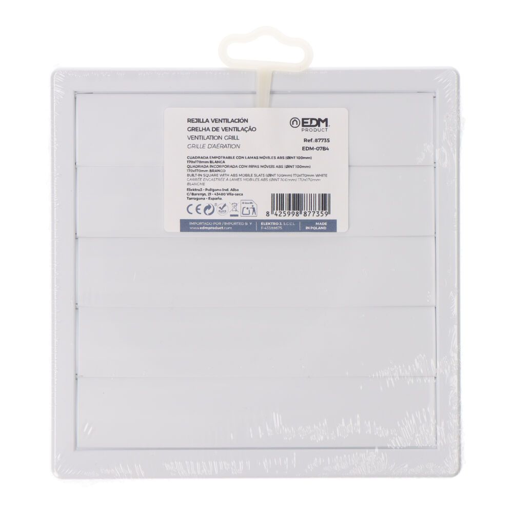 REJILLA VENTILACIÓN CUADRADA EMPOTRABLE CON LAMAS MÓVILES 170x170mm ENCLAVAMIENTO Ø100MM ABS BLANCA gallery 2