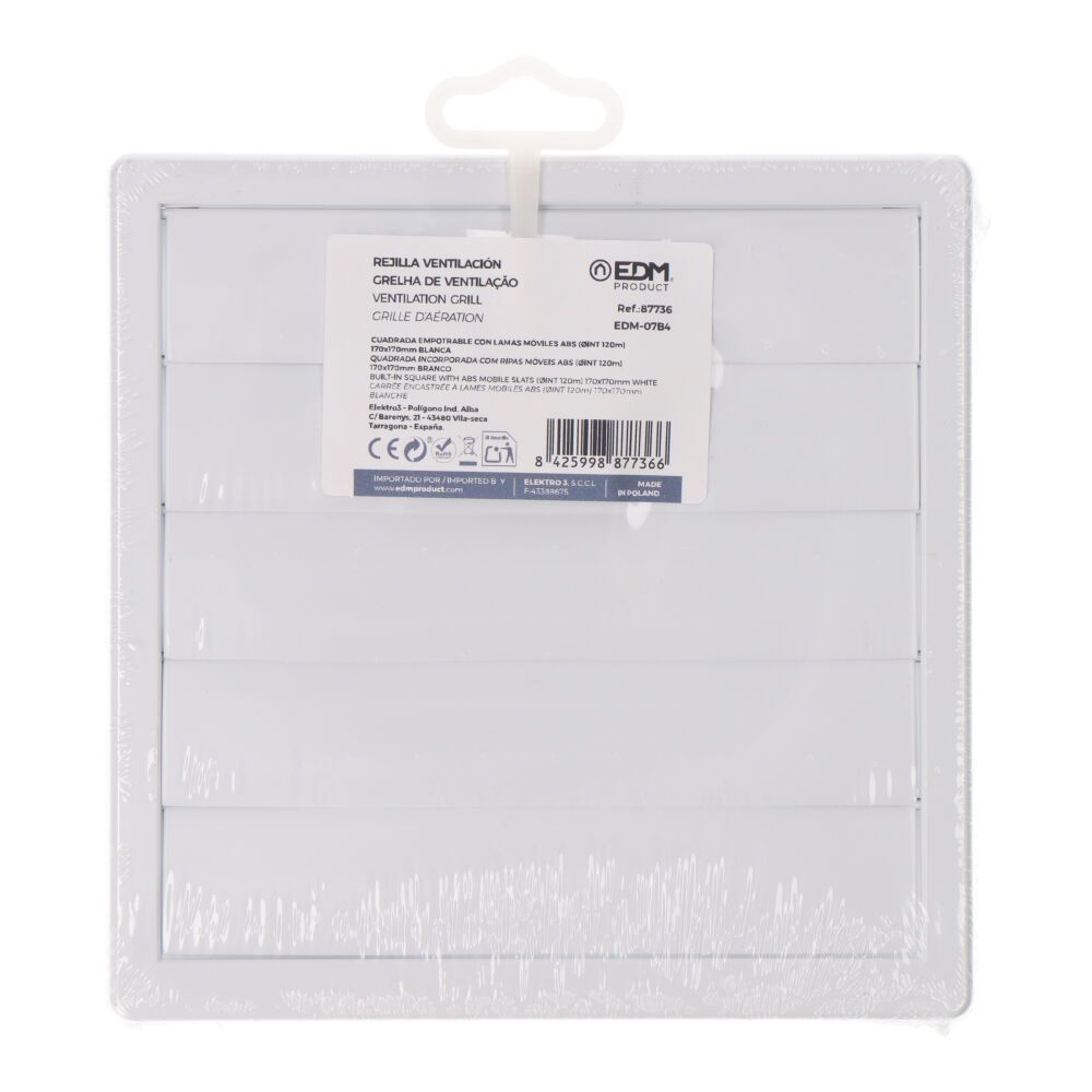 REJILLA VENTILACIÓN CUADRADA EMPOTRABLE CON LAMAS MÓVILES 170x170mm ENCLAVAMIENTO Ø120MM ABS BLANCA gallery 2