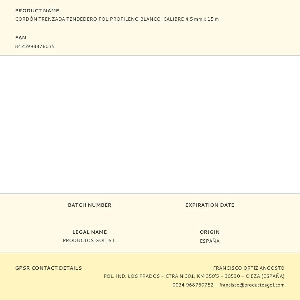 CORDÓN TRENZADA TENDEDERO POLIPROPILENO BLANCO, CALIBRE 4,5 mm x 15 m gallery 1