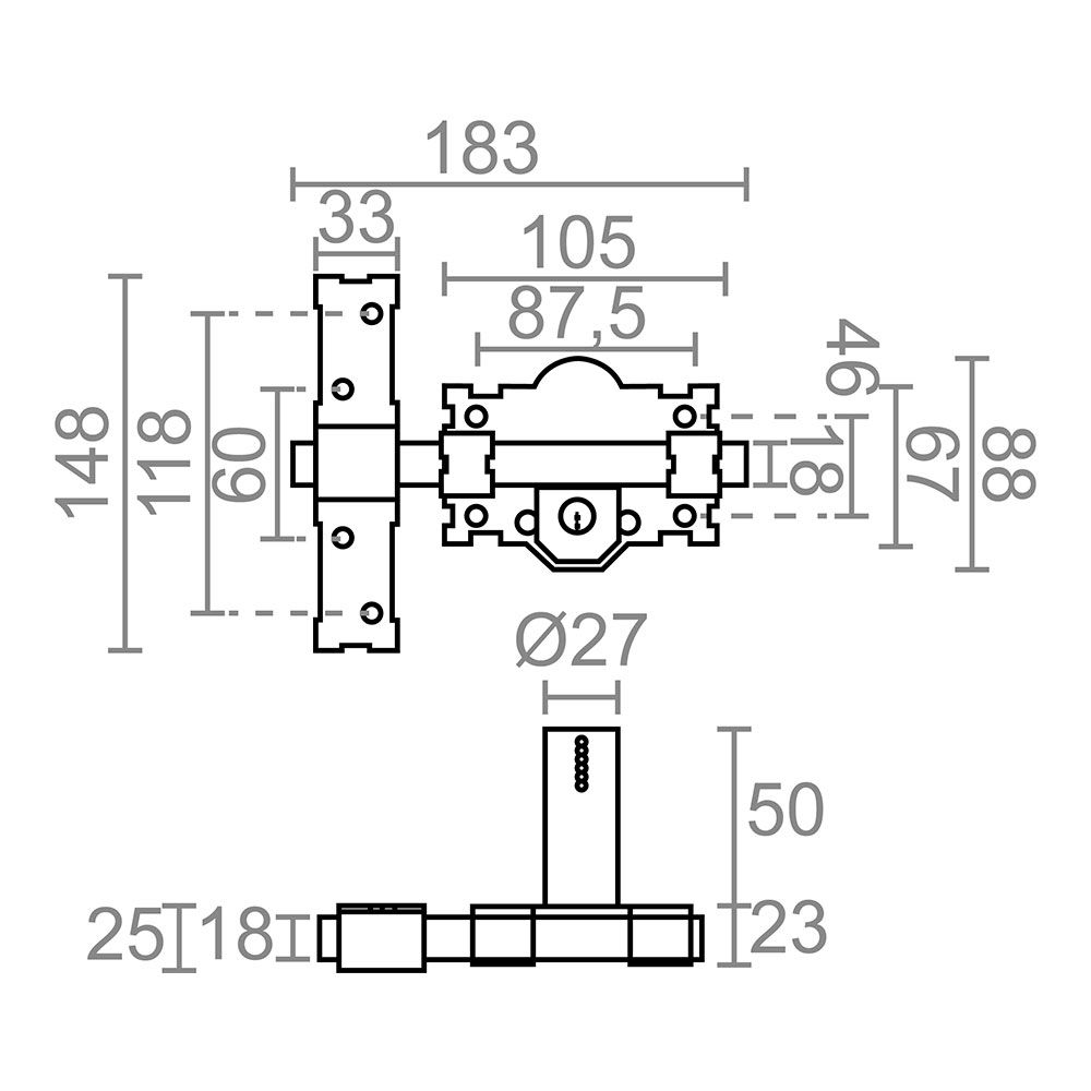 CERROJO SOBREPONER CRR07 105L/50 mm, PINTADO GRIS, LLAVES IGUALES AMAESTRADAS gallery 2