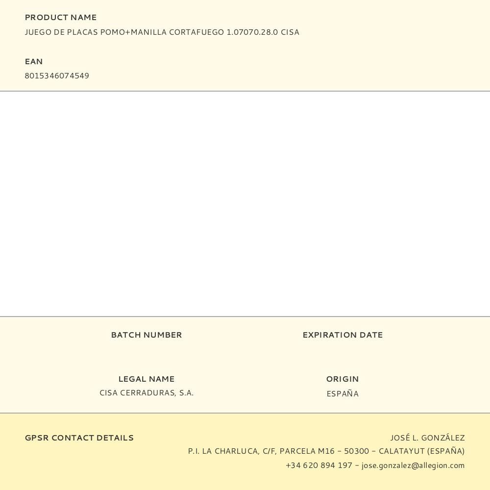 JUEGO DE PLACAS POMO+MANILLA CORTAFUEGO 1.07070.28.0 CISA gallery 0