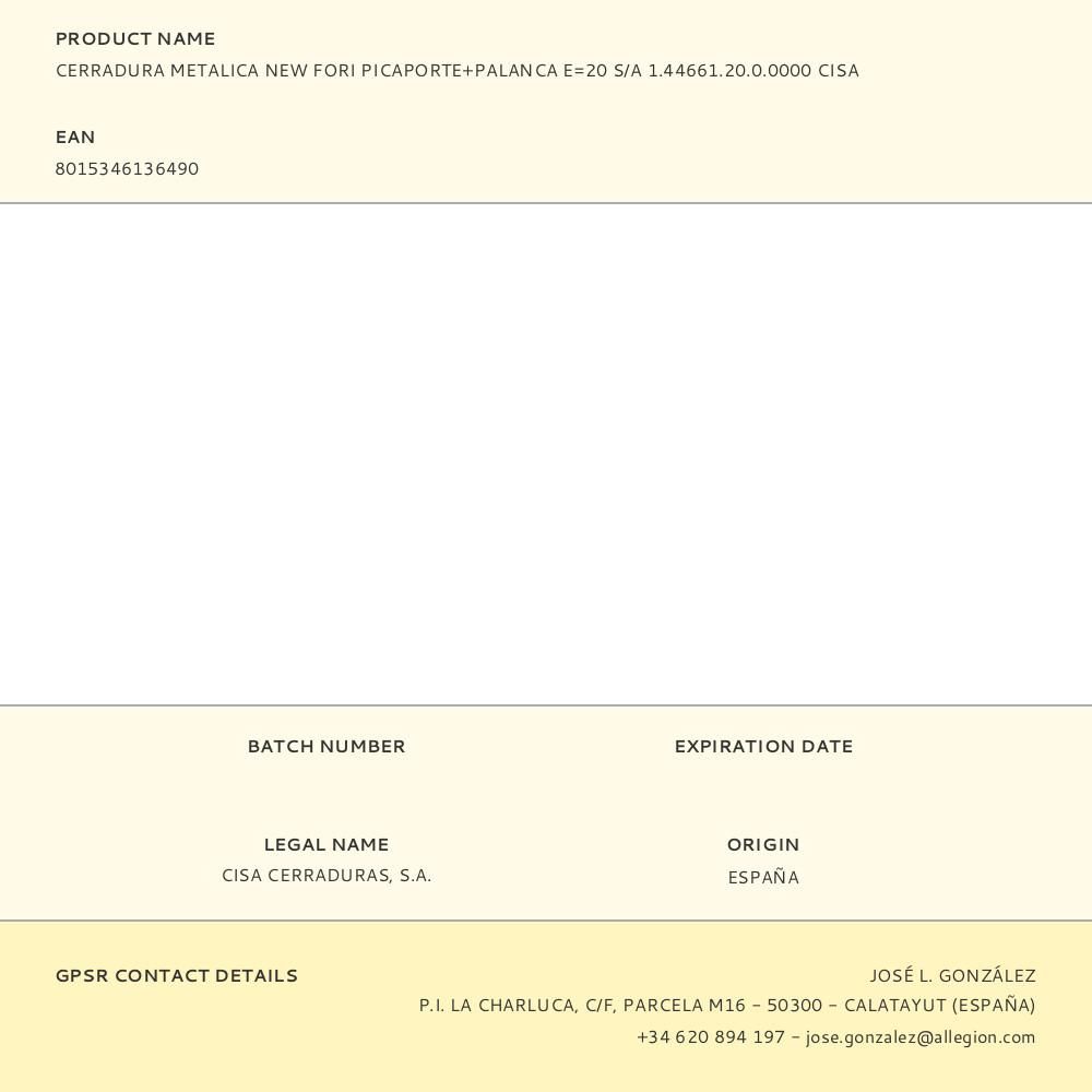 CERRADURA METALICA NEW FORI PICAPORTE+PALANCA E=20 S/A 1.44661.20.0.0000 CISA gallery 0