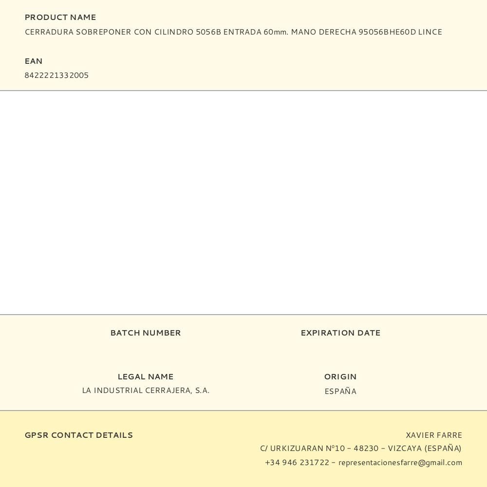 CERRADURA SOBREPONER CON CILINDRO 5056B ENTRADA 60mm. MANO DERECHA 95056BHE60D LINCE gallery 0