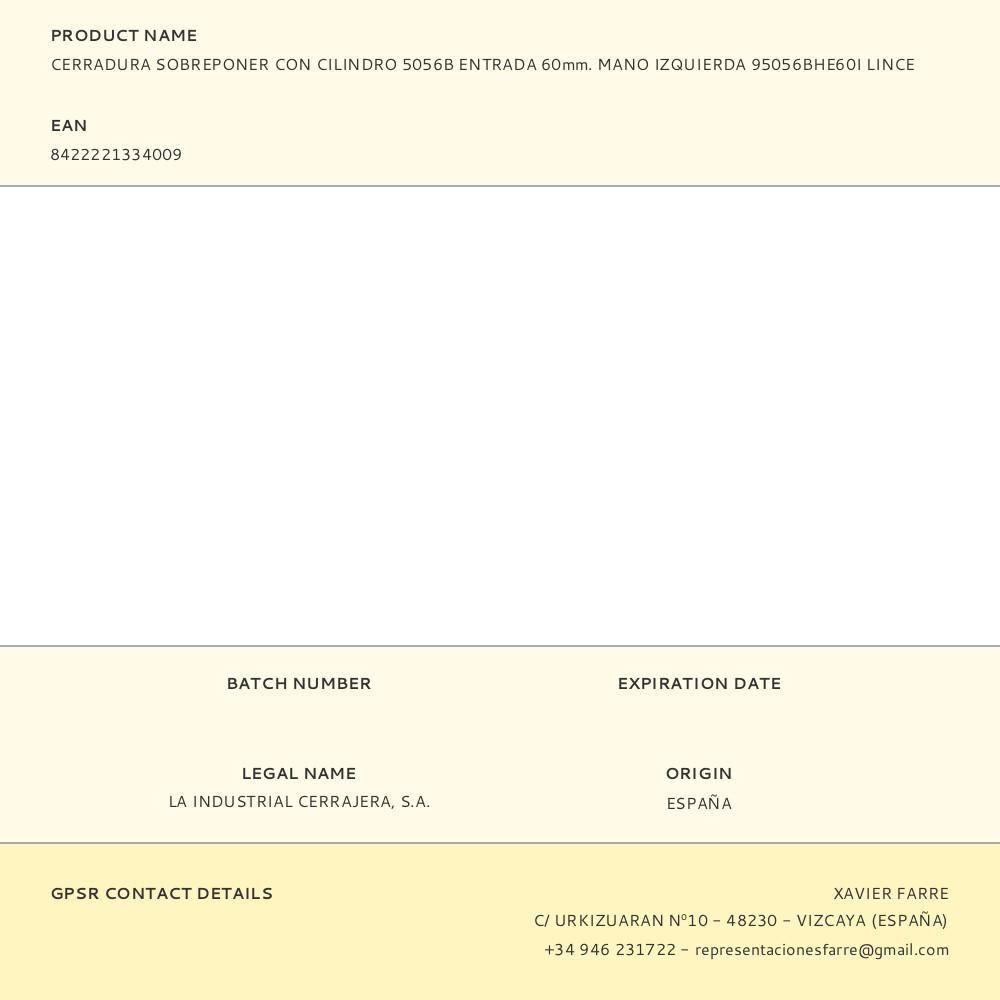 CERRADURA SOBREPONER CON CILINDRO 5056B ENTRADA 60mm. MANO IZQUIERDA 95056BHE60I LINCE gallery 0