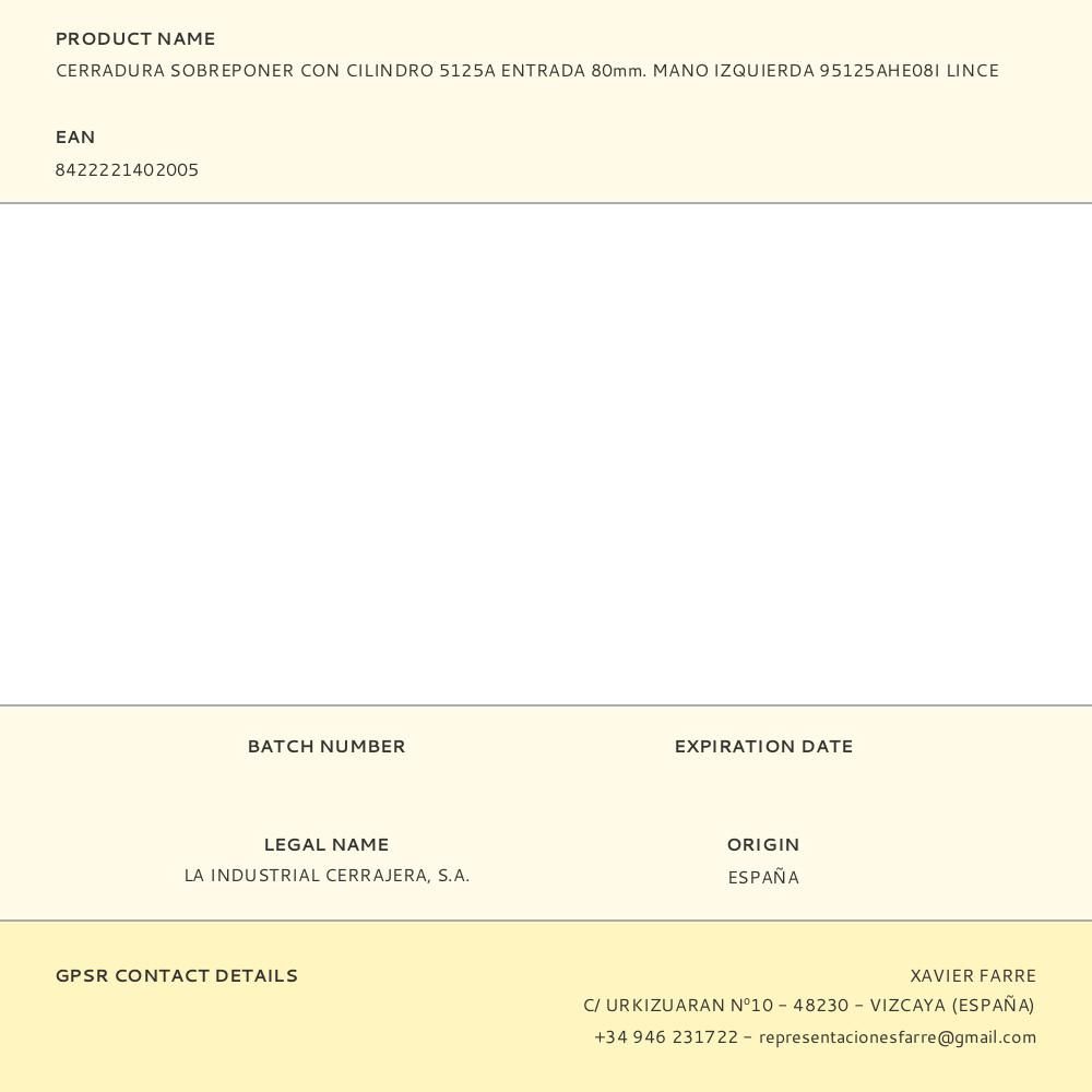 CERRADURA SOBREPONER CON CILINDRO 5125A ENTRADA 80mm. MANO IZQUIERDA 95125AHE08I LINCE gallery 0