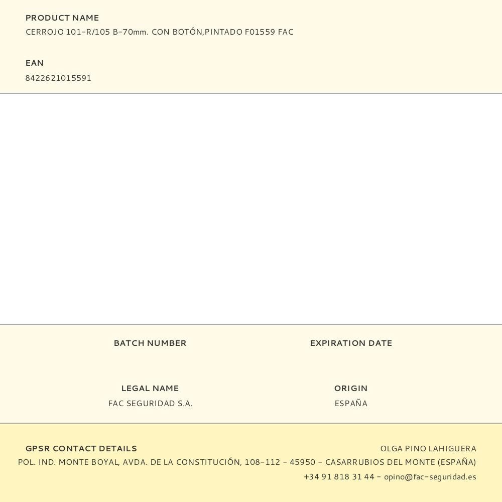 CERROJO 101-R/105 B-70mm. CON BOTÓN,PINTADO F01559 FAC gallery 1