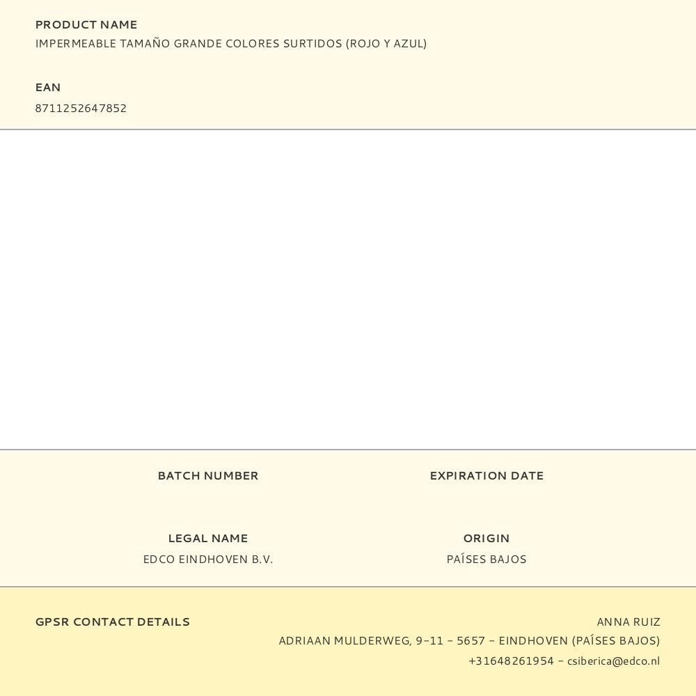 IMPERMEABLE TAMAÑO GRANDE COLORES SURTIDOS (ROJO Y AZUL) gallery 0