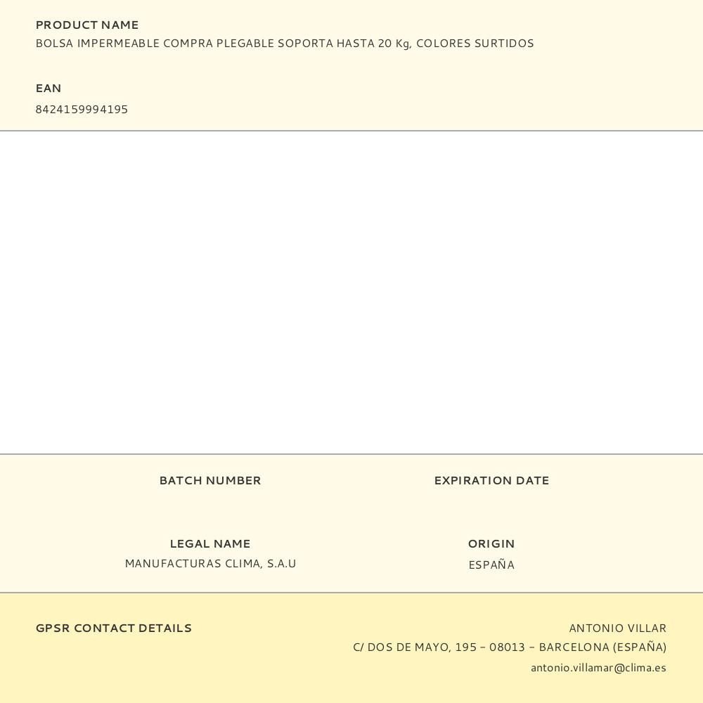 BOLSA IMPERMEABLE COMPRA PLEGABLE SOPORTA HASTA 20 Kg, COLORES SURTIDOS gallery 6