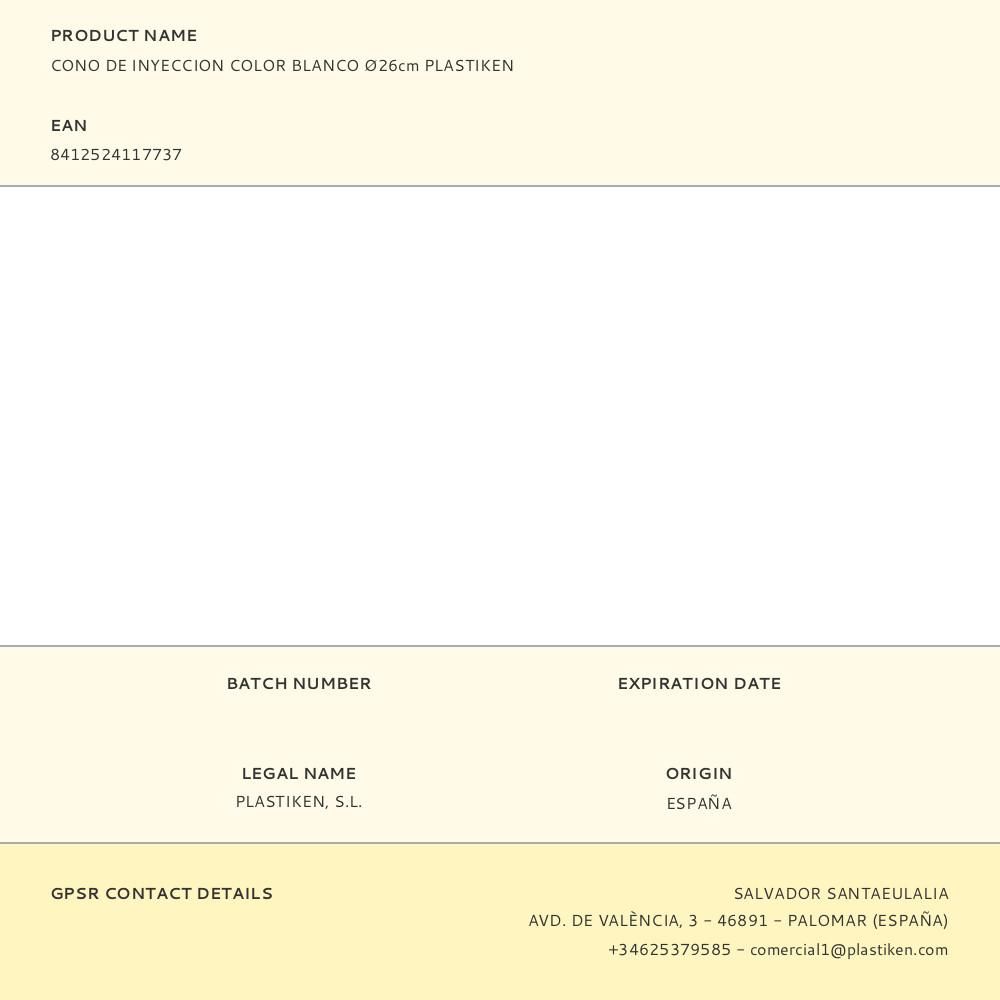 CONO DE INYECCION COLOR BLANCO Ø26cm PLASTIKEN gallery 0