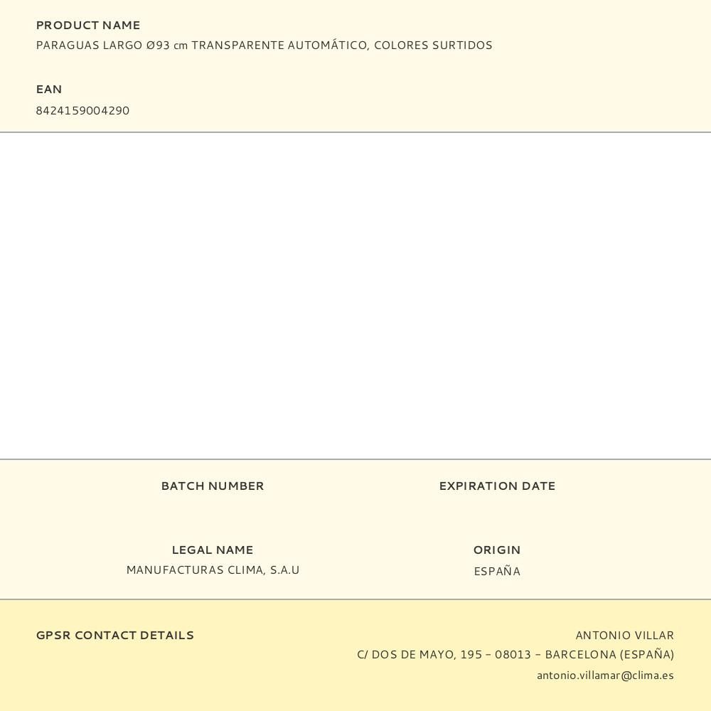 PARAGUAS LARGO Ø93 cm TRANSPARENTE AUTOMÁTICO, COLORES SURTIDOS gallery 7