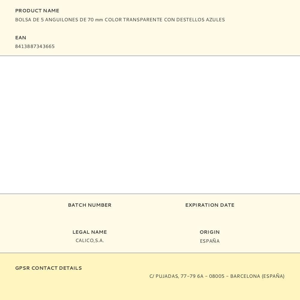 BOLSA DE 5 ANGUILONES DE 70 mm COLOR TRANSPARENTE CON DESTELLOS AZULES gallery 0