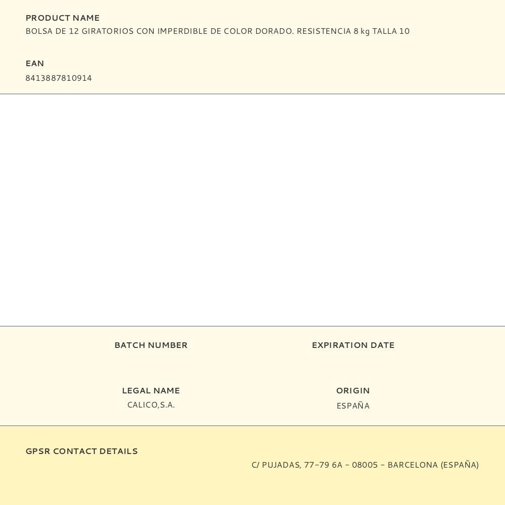 BOLSA DE 12 GIRATORIOS CON IMPERDIBLE DE COLOR DORADO. RESISTENCIA 8 kg TALLA 10 gallery 0