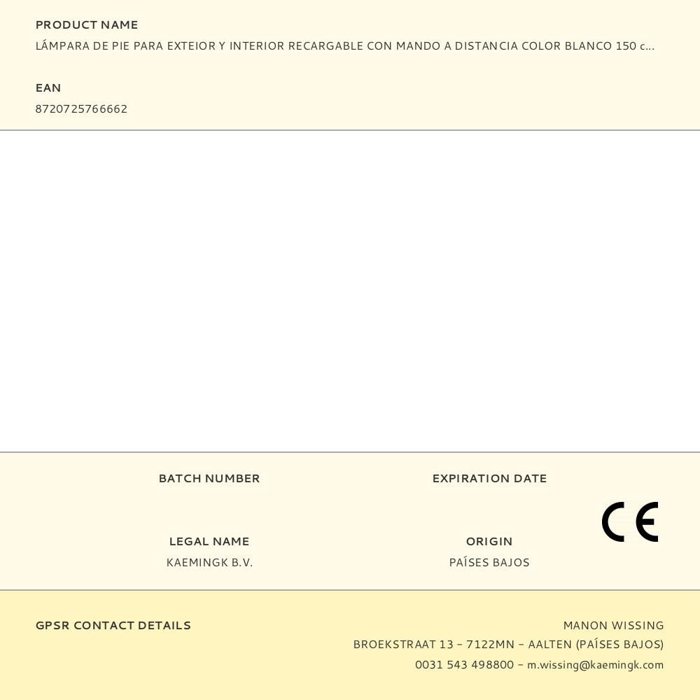 LÁMPARA DE PIE PARA EXTERIOR Y INTERIOR RECARGABLE CON MANDO A DISTANCIA COLOR BLANCO 150 cm gallery 1