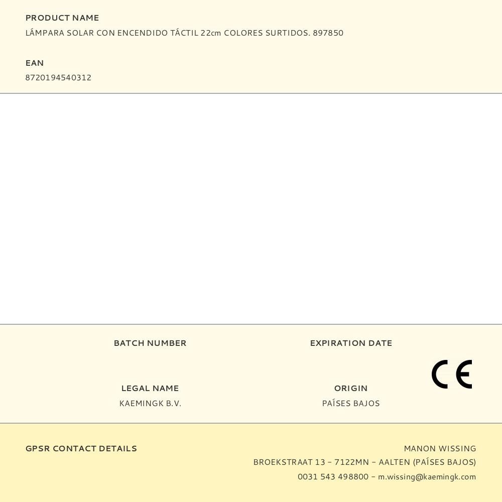 LÁMPARA SOLAR CON ENCENDIDO TÁCTIL COLORES SURTIDOS 22 cm gallery 0