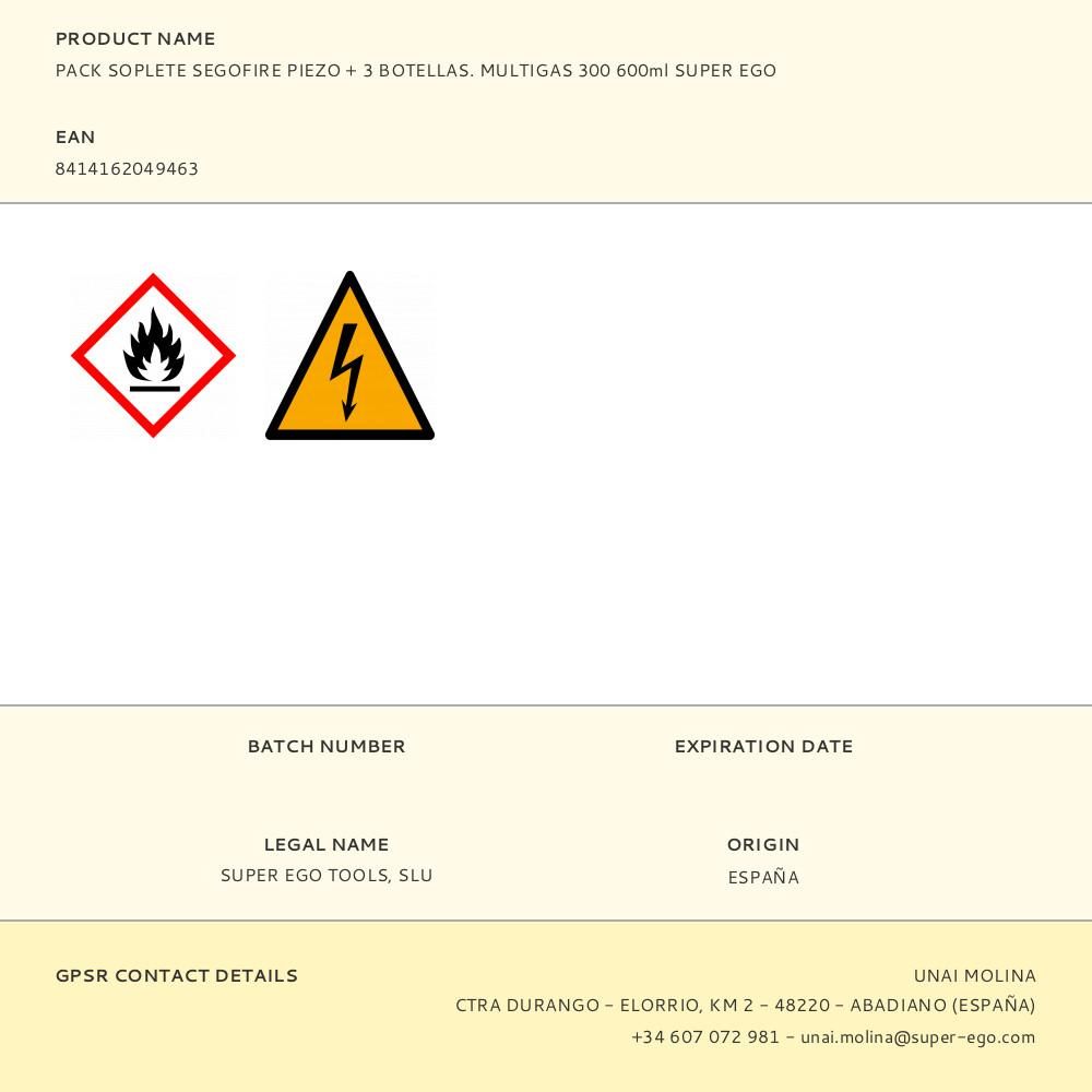 PACK SOPLETE SEGOFIRE PIEZO + 3 BOTELLAS. MULTIGAS 300 600ml SUPER EGO gallery 3