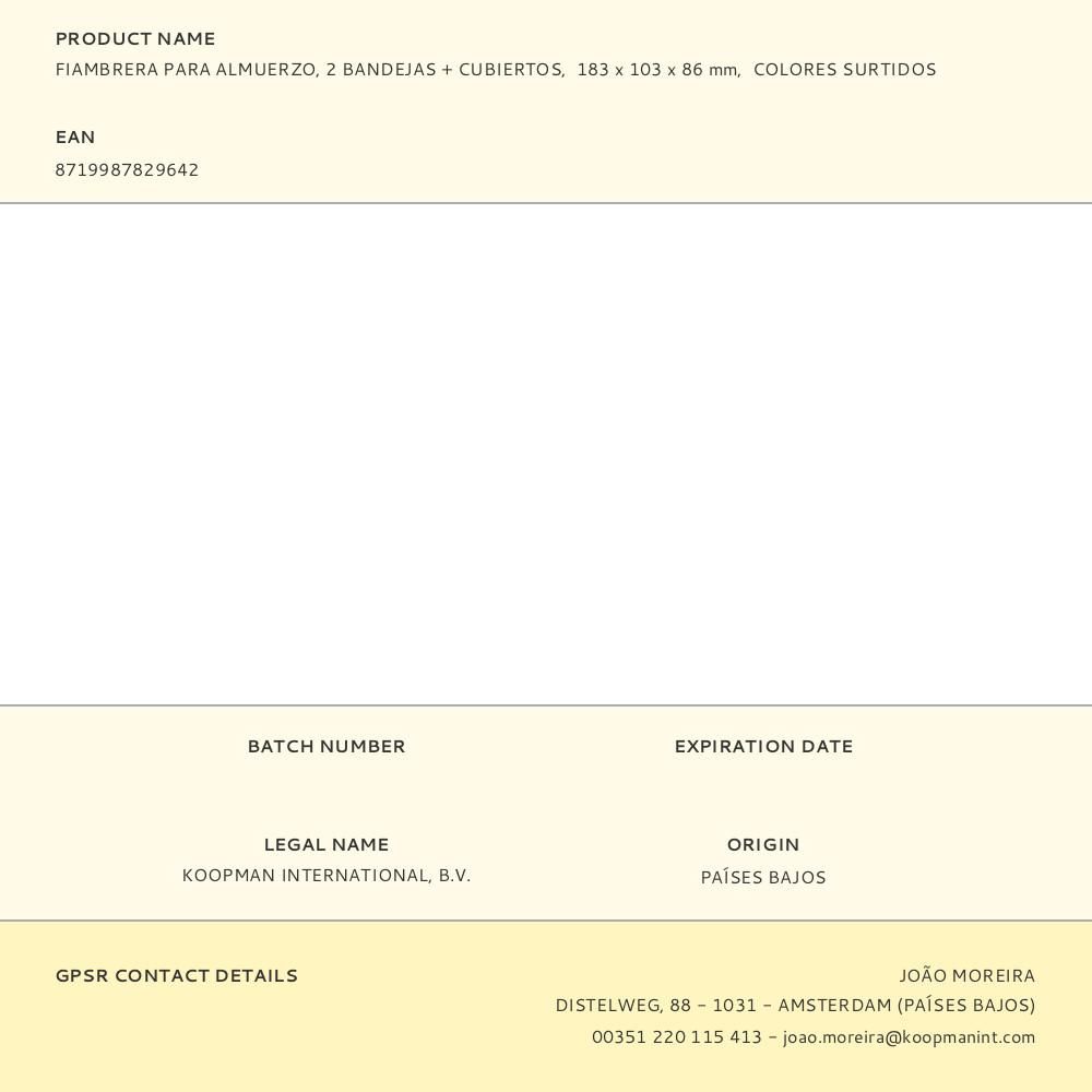 FIAMBRERA PARA ALMUERZO CON 2 BANDEJAS + CUBIERTOS COLORES SURTIDOS 183 x 103 x 86 mm gallery 0