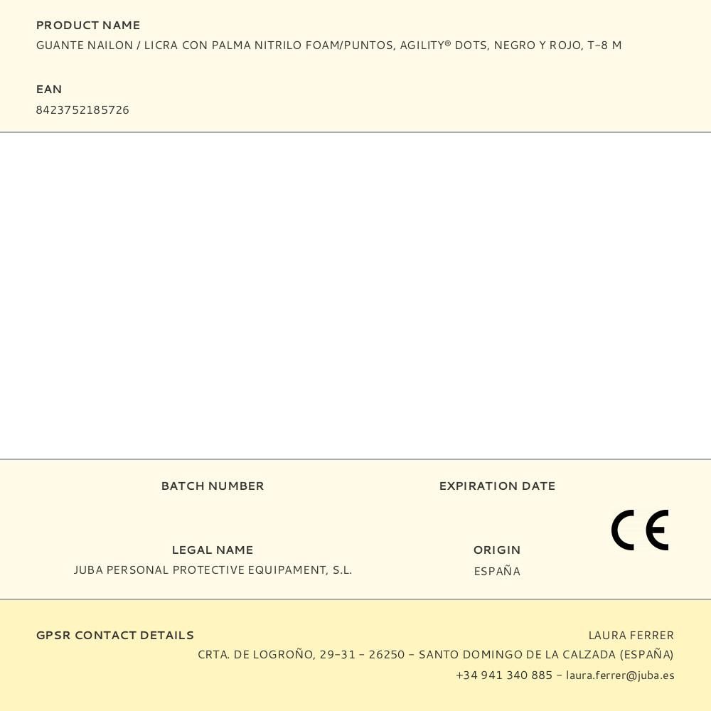 GUANTE NAILON / LICRA CON PALMA NITRILO FOAM/PUNTOS, AGILITY® DOTS, NEGRO Y ROJO, T-8 M gallery 2