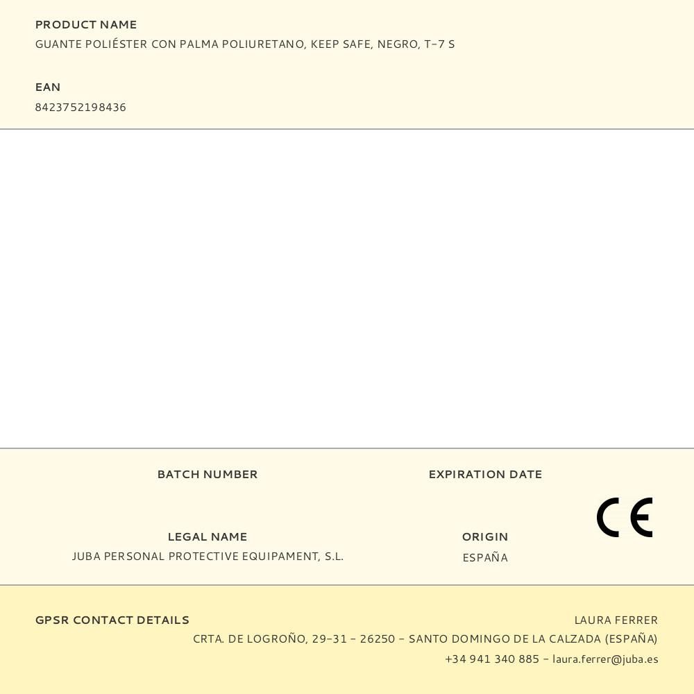 GUANTE POLIÉSTER CON PALMA POLIURETANO, KEEP SAFE, NEGRO, T-7 S gallery 2