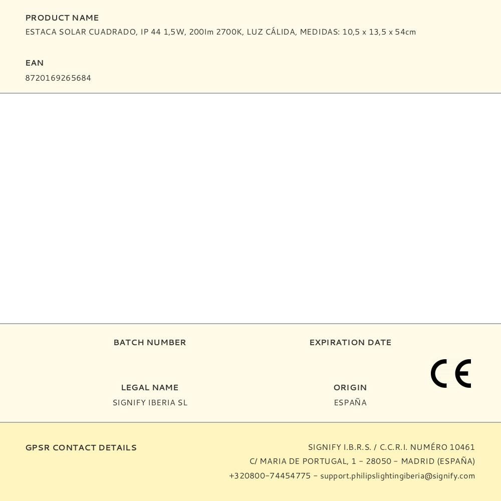 ESTACA SOLAR CUADRADO, IP 44 1,5W, 200Im 2700K, LUZ CÁLIDA, MEDIDAS: 10,5 x 13,5 x 54cm gallery 1