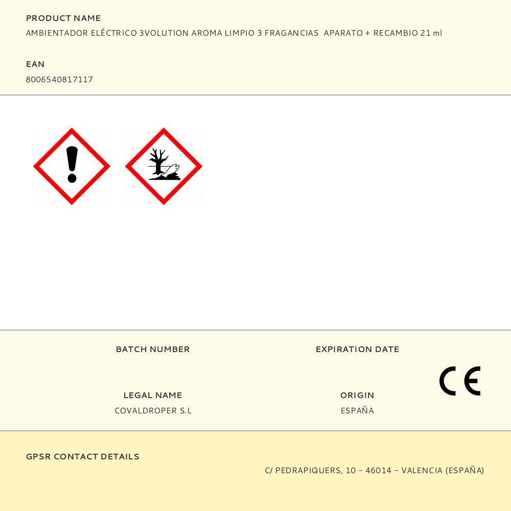AMBIENTADOR ELÉCTRICO 3VOLUTION AROMA LIMPIO 3 FRAGANCIAS APARATO + RECAMBIO 21 ml gallery 0