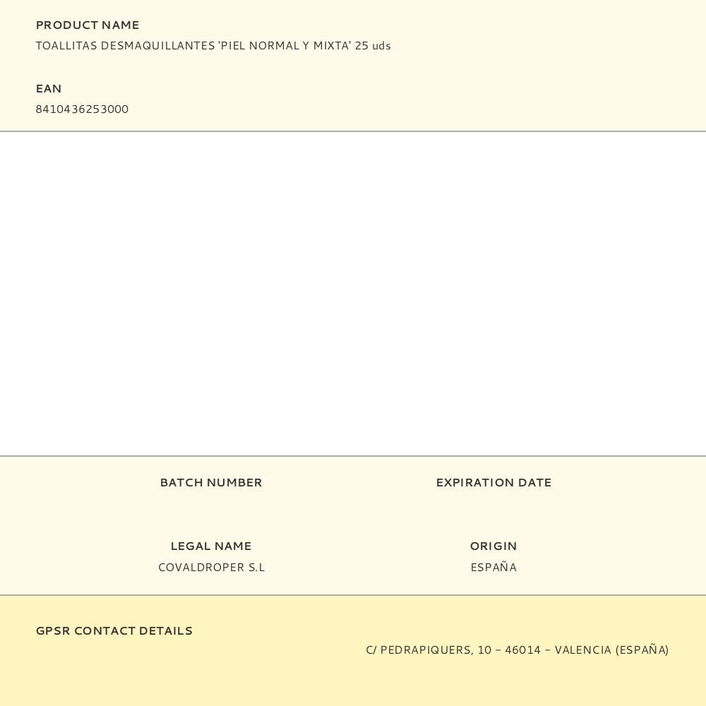 TOALLITAS DESMAQUILLANTES 'PIEL NORMAL Y MIXTA' 25 uds gallery 0