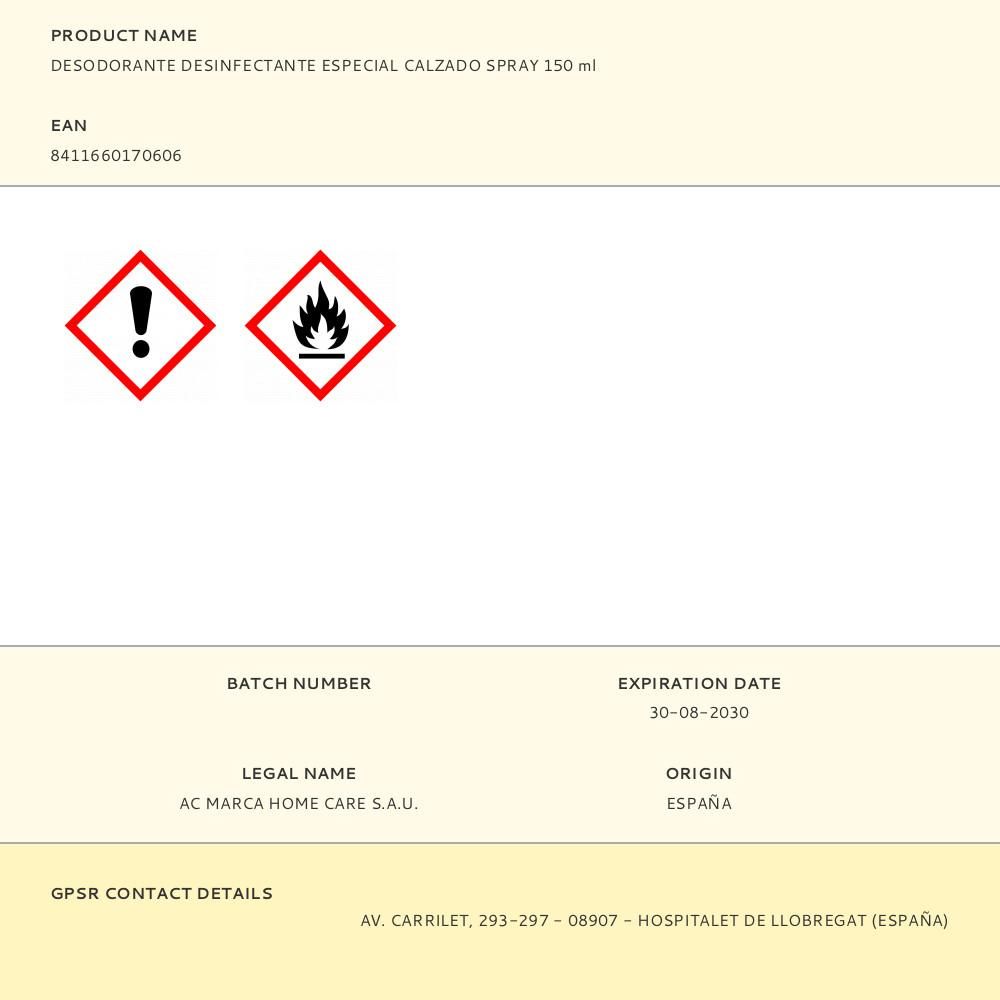 DESODORANTE DESINFECTANTE ESPECIAL CALZADO SPRAY 150 ml gallery 0