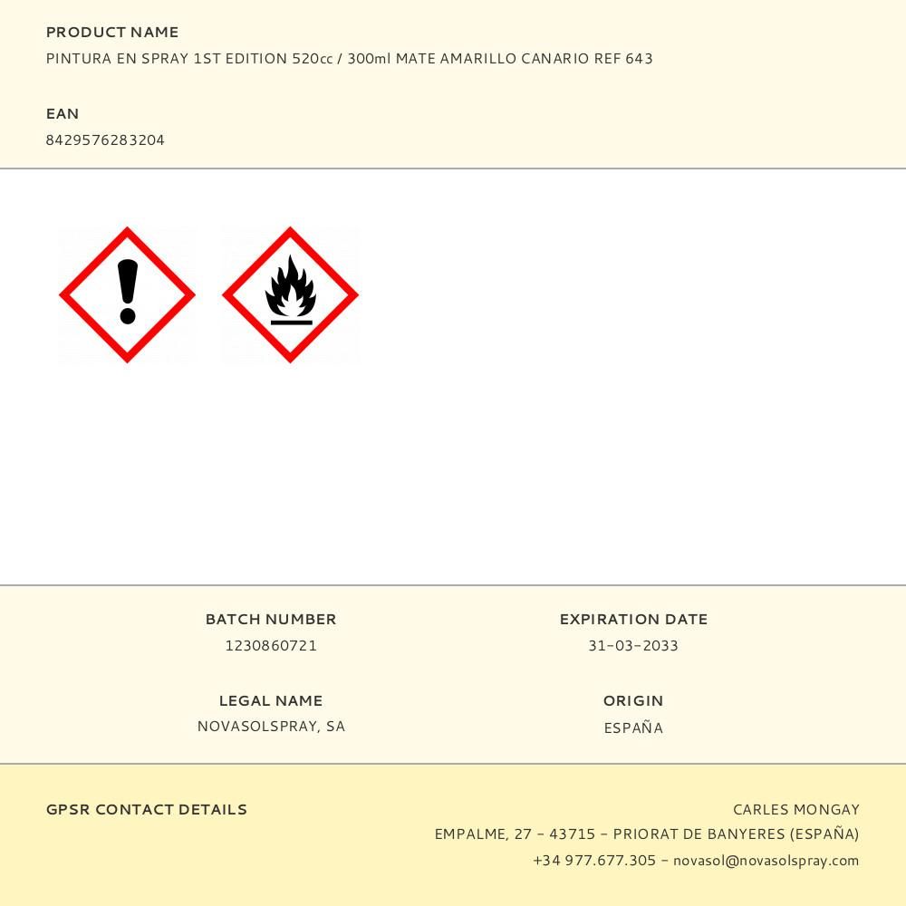 PINTURA ALQUÍDICA SPRAY 520 cc REF 643 AMARILLO CANARIO MATE 300 ml gallery 0